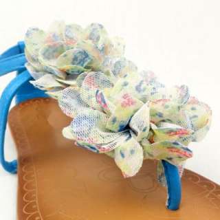 Womens Floral T Strap Flat Thong Sandals Blue / casual summer shoes 