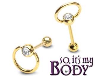 GOLD CZ CAPTIVE SLAVE DOORKNOCKER BARBELL TONGUE RING  