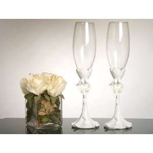 New Bride and Groom with Calla Lily Bouquet Toasting Glasses  