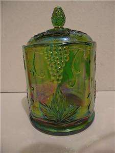 INDIANA GLASS RARE VINTAGE GREEN CARNIVAL GLASS HARVEST GRAPE CANISTER 