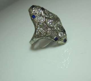   DECO 14K WHITE GOLD FILIGREE DIAMOND BLUE ENAMEL RING DETAIL  
