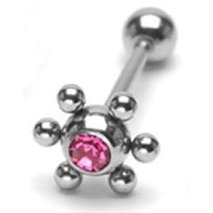Tongue Ring Piercing Barbell with 6 Steel Balls and Pink Gem