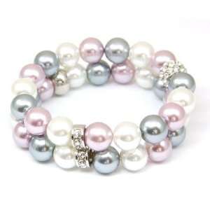    Cream/Pink/Blue Pearl & Crystal Double Row Bracelet Jewelry