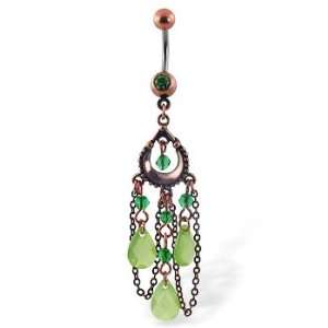   button ring with dangling green antique looking chandelier Jewelry